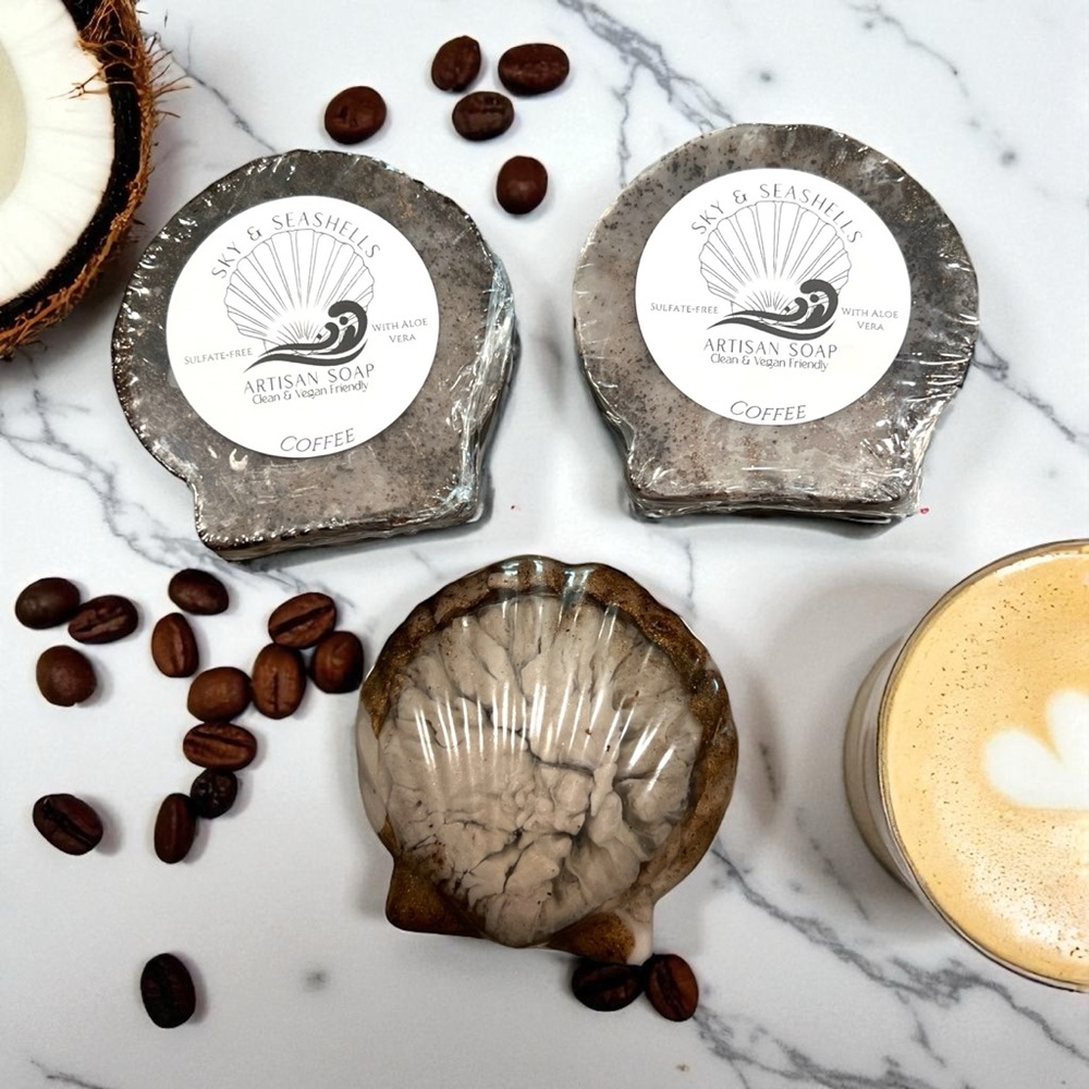Hand Crafted “Coffee” Scented Seashell Shaped Aloe Soap Bar by Sky & Seashells